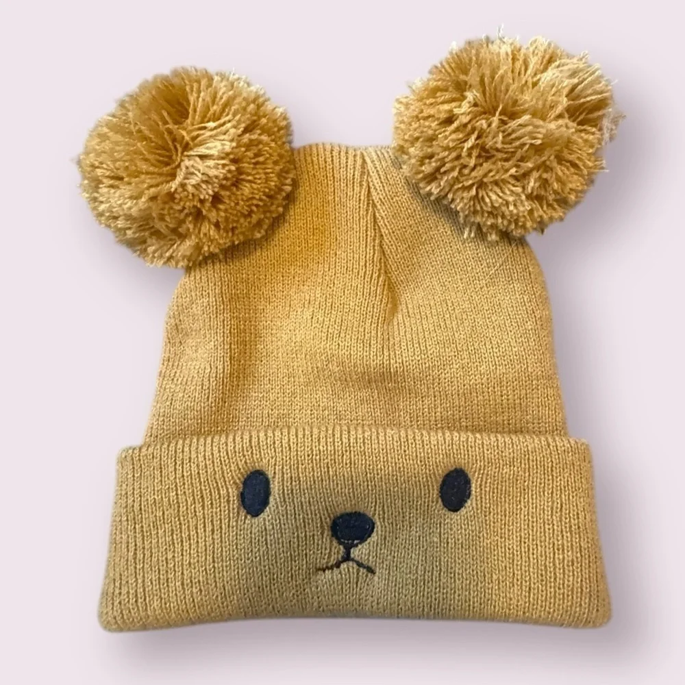 Infant Bear Ear Pom Pom Beanie Set Black Tan Baby Hat OS